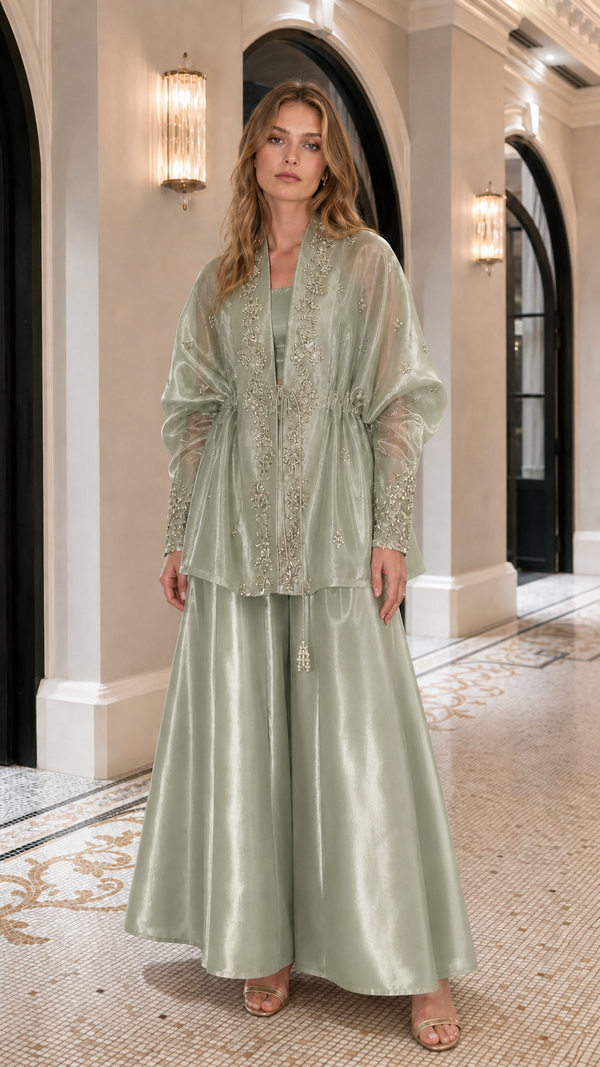 Embroidered Metallic Sheer Overcoat and Wide-Leg Pants Set