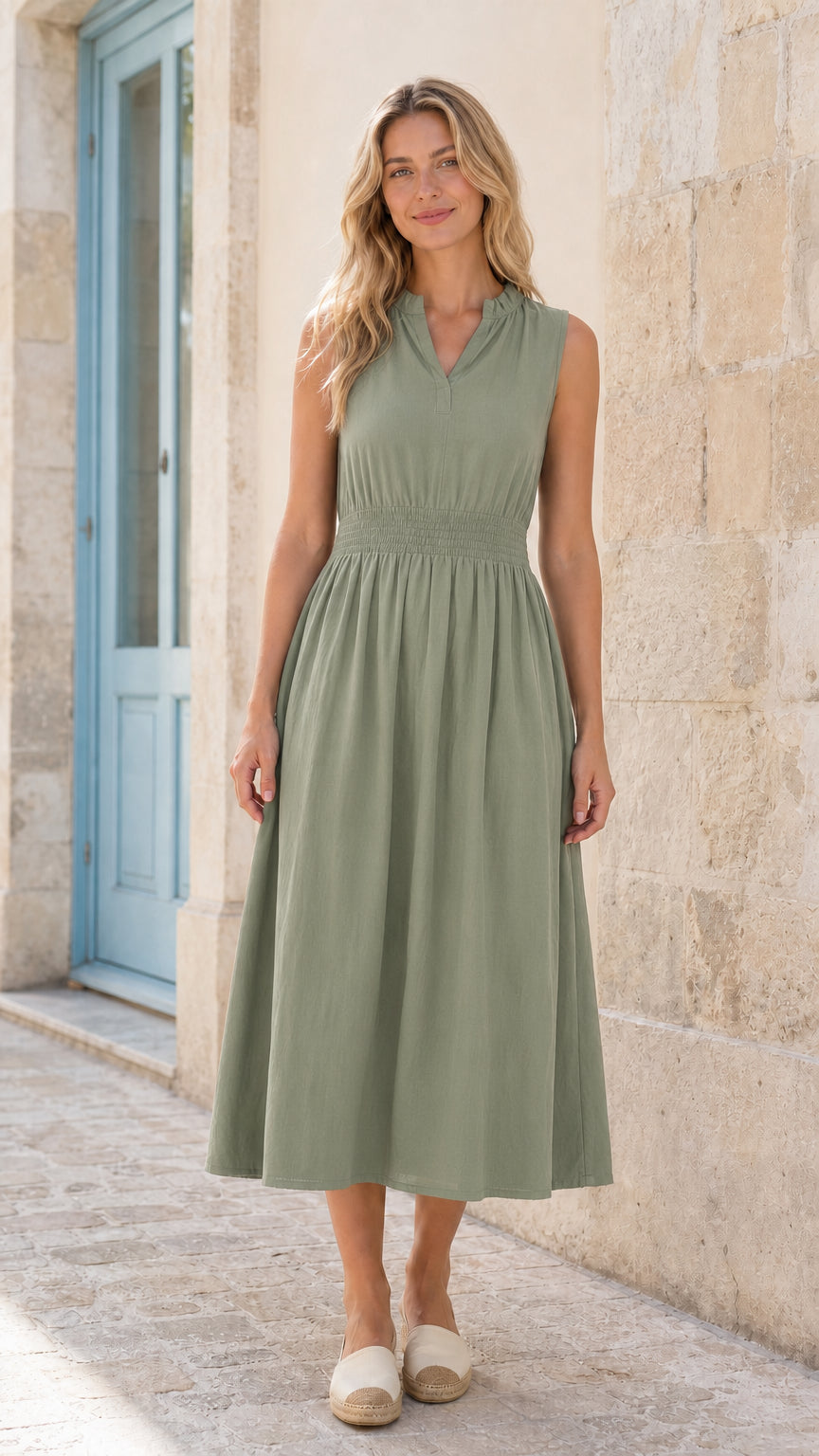 Women's Sleeveless Ruffle Neck Smocked Waist Midi Dress