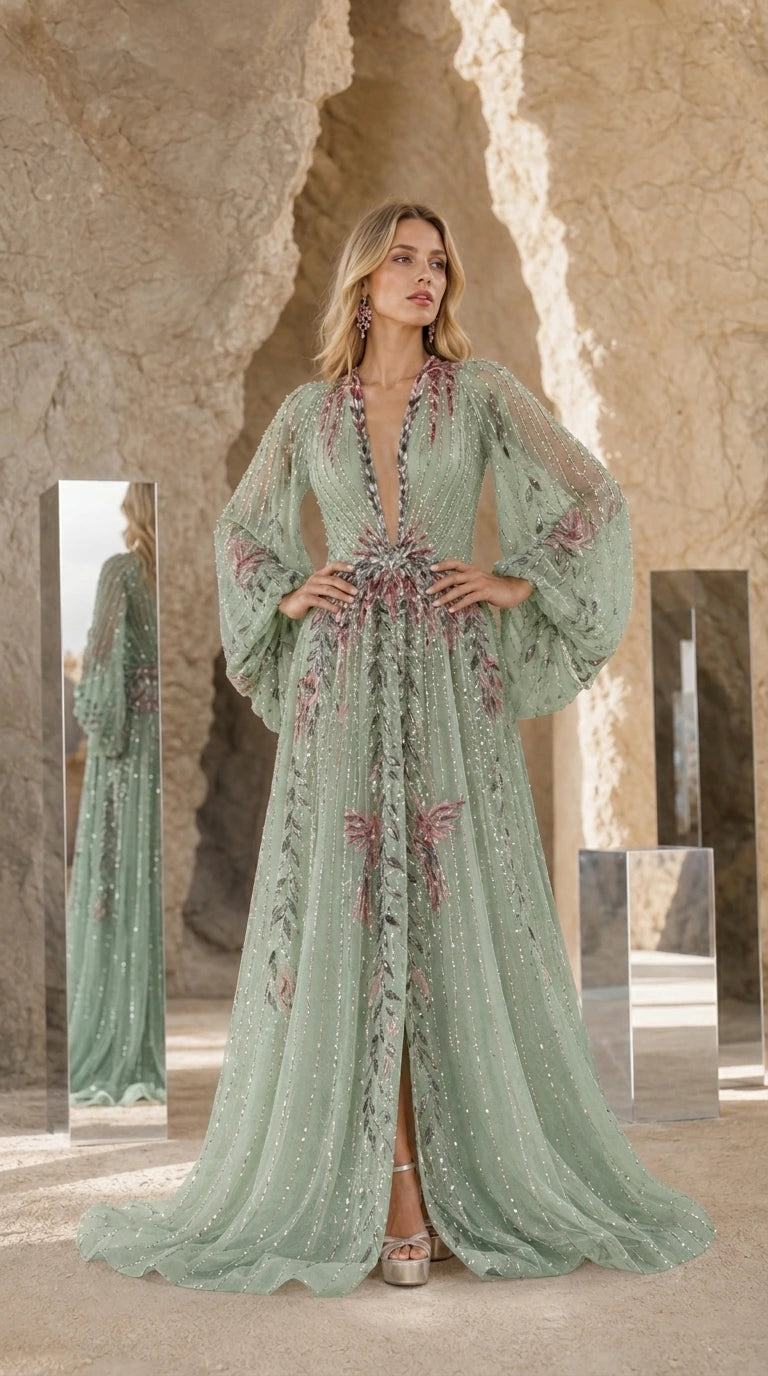 Elegance Embroidered Beaded Long Sleeve Evening Gown