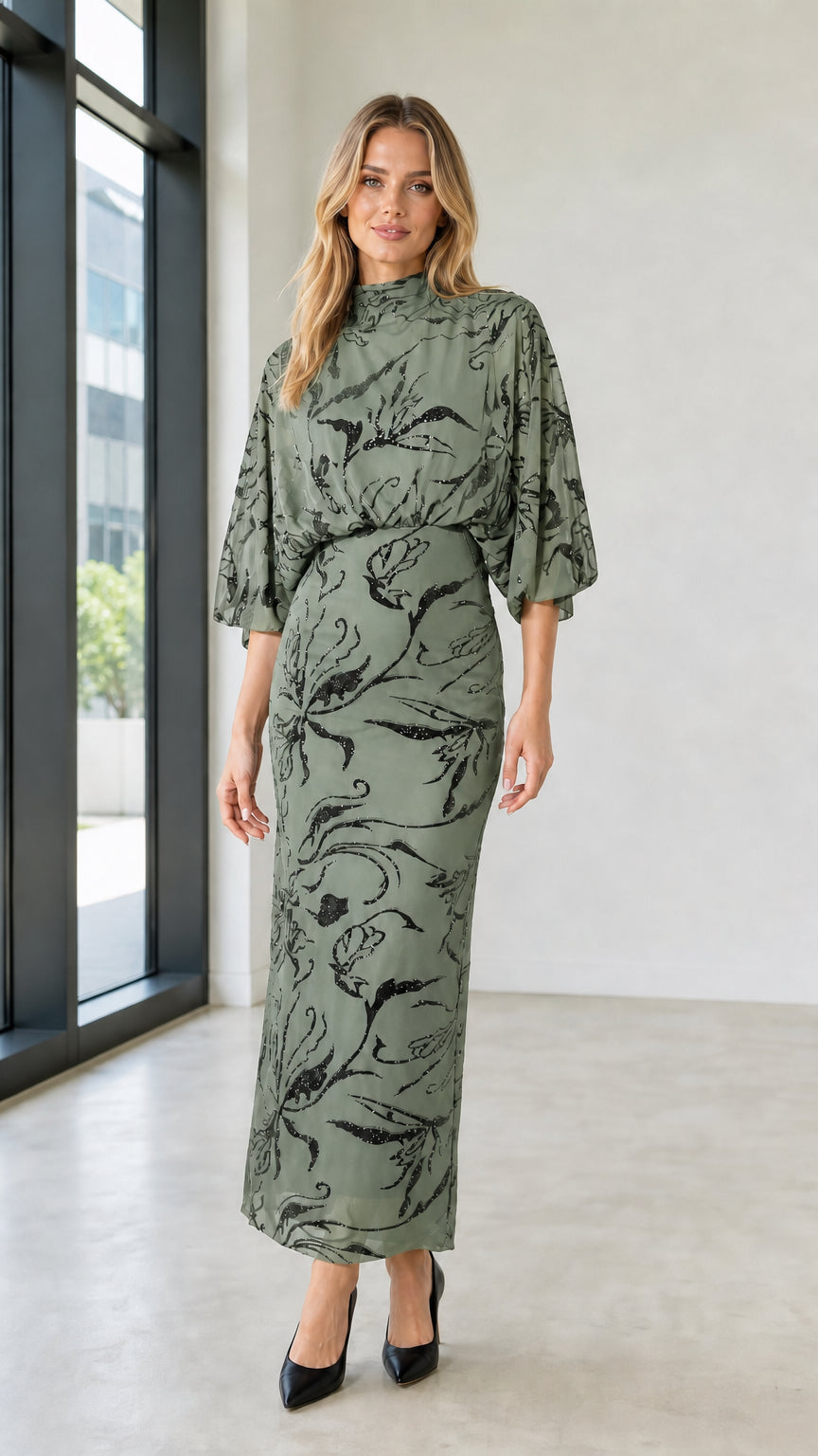 Elegant Mock Neck Sequin Floral Maxi Dress