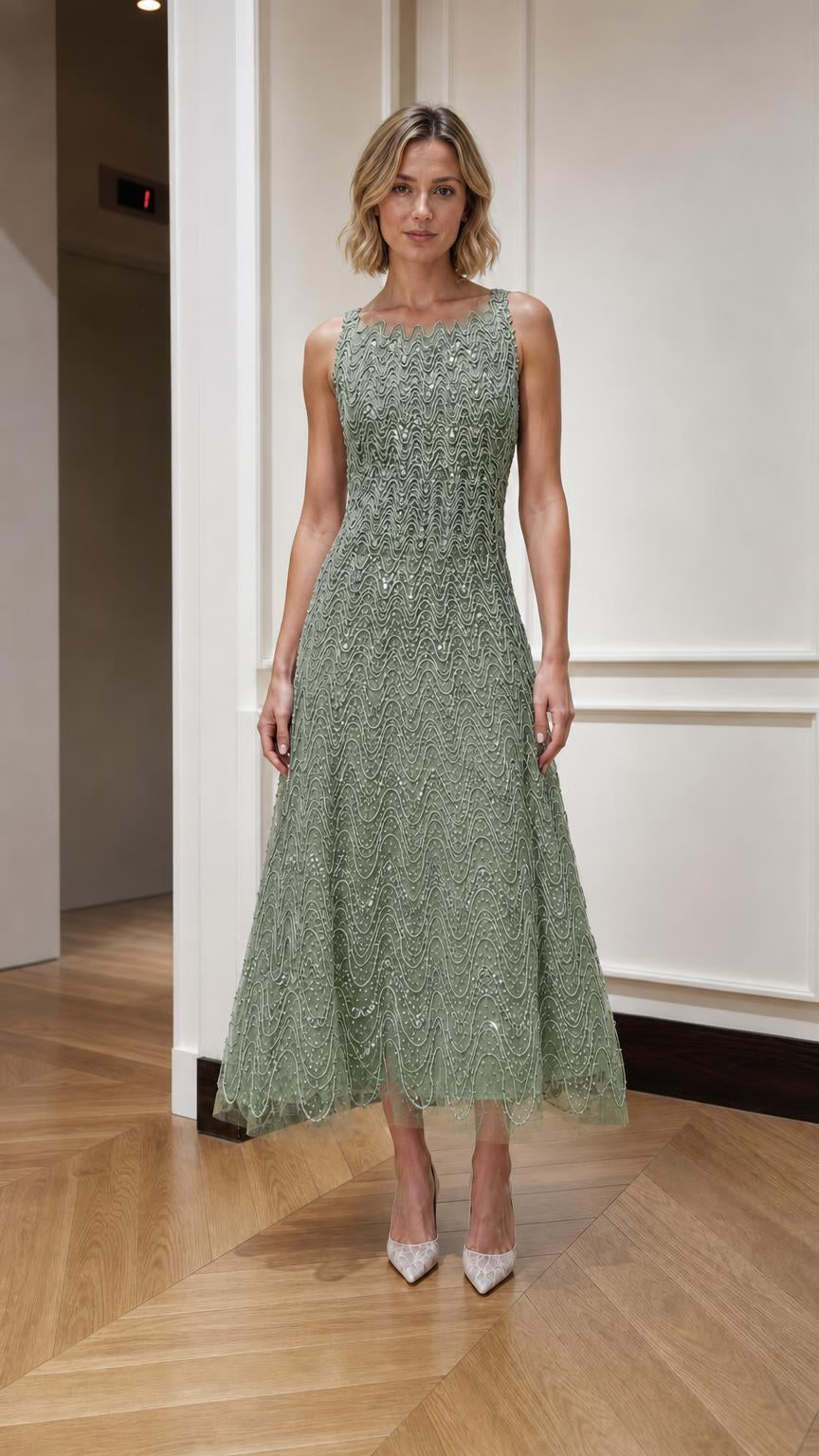 Sequin Beaded Sleeveless A-Line Midi Dress