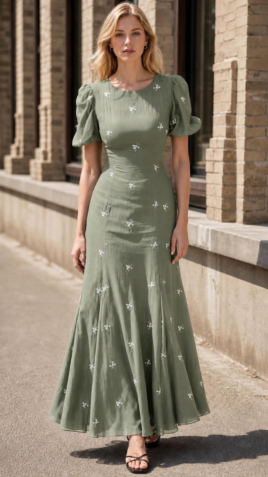 Women's Floral Embroidered Puff Sleeve A-Line Maxi Dress