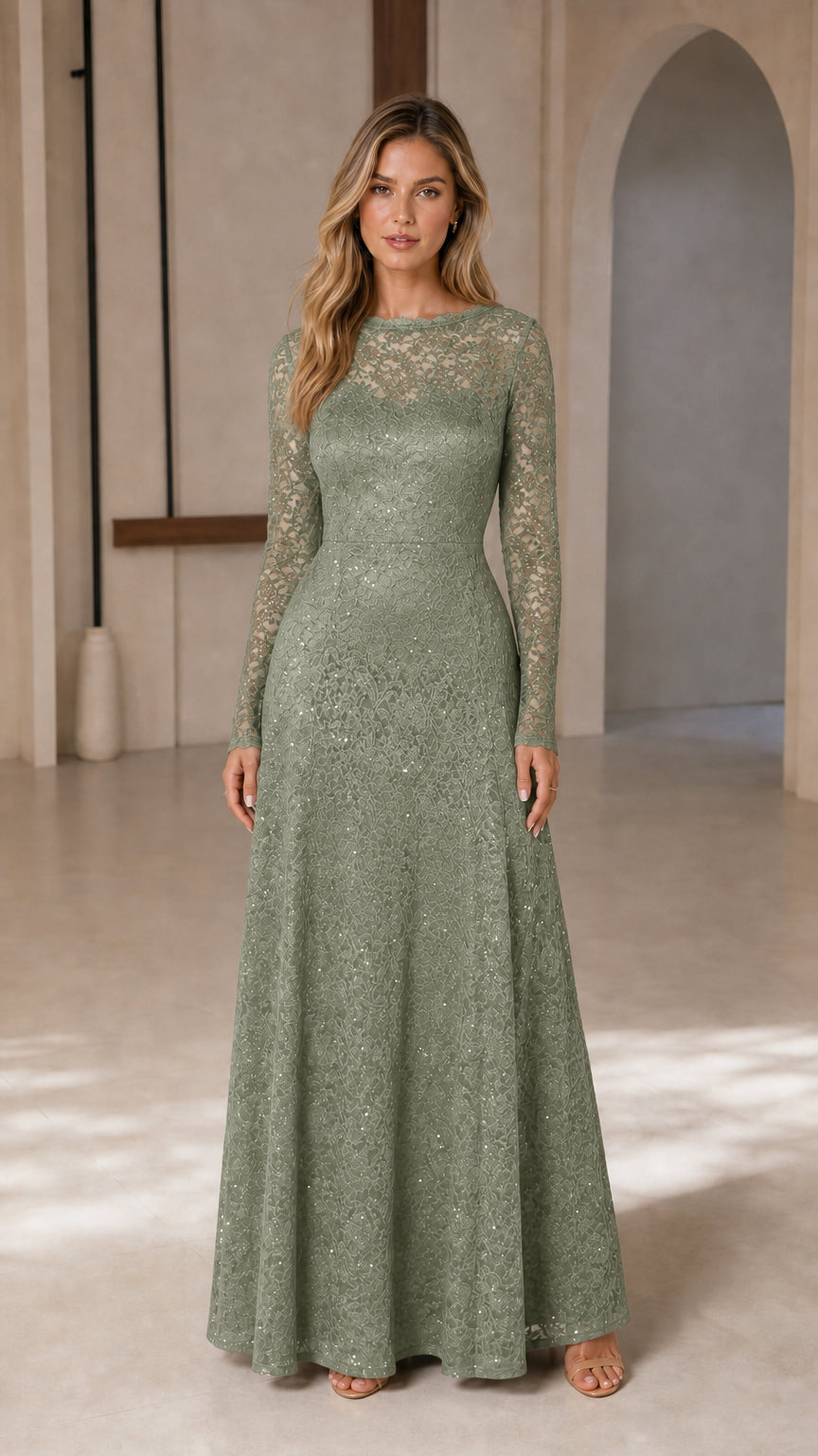 Women's Long-Sleeve Sequin Lace Evening Gown
