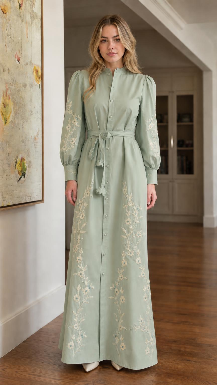 Elegant Floral Embroidered Maxi Shirt Dress with Self-Tie Belt