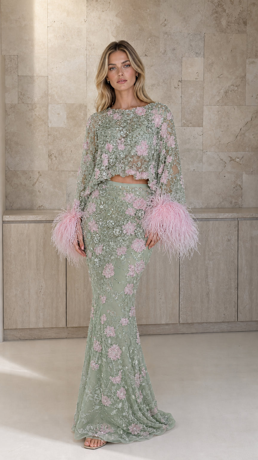 Embellished Two-Piece Feather Trim Crop Top and Maxi Skirt Set