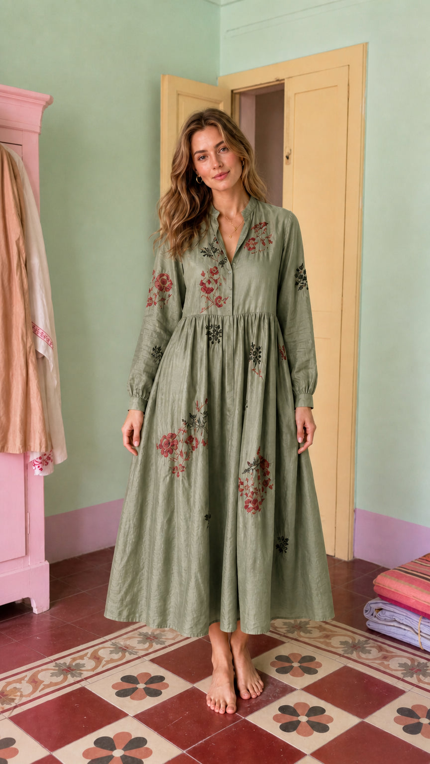 Women's Long-Sleeve Embroidered Midi Dress with Button Front