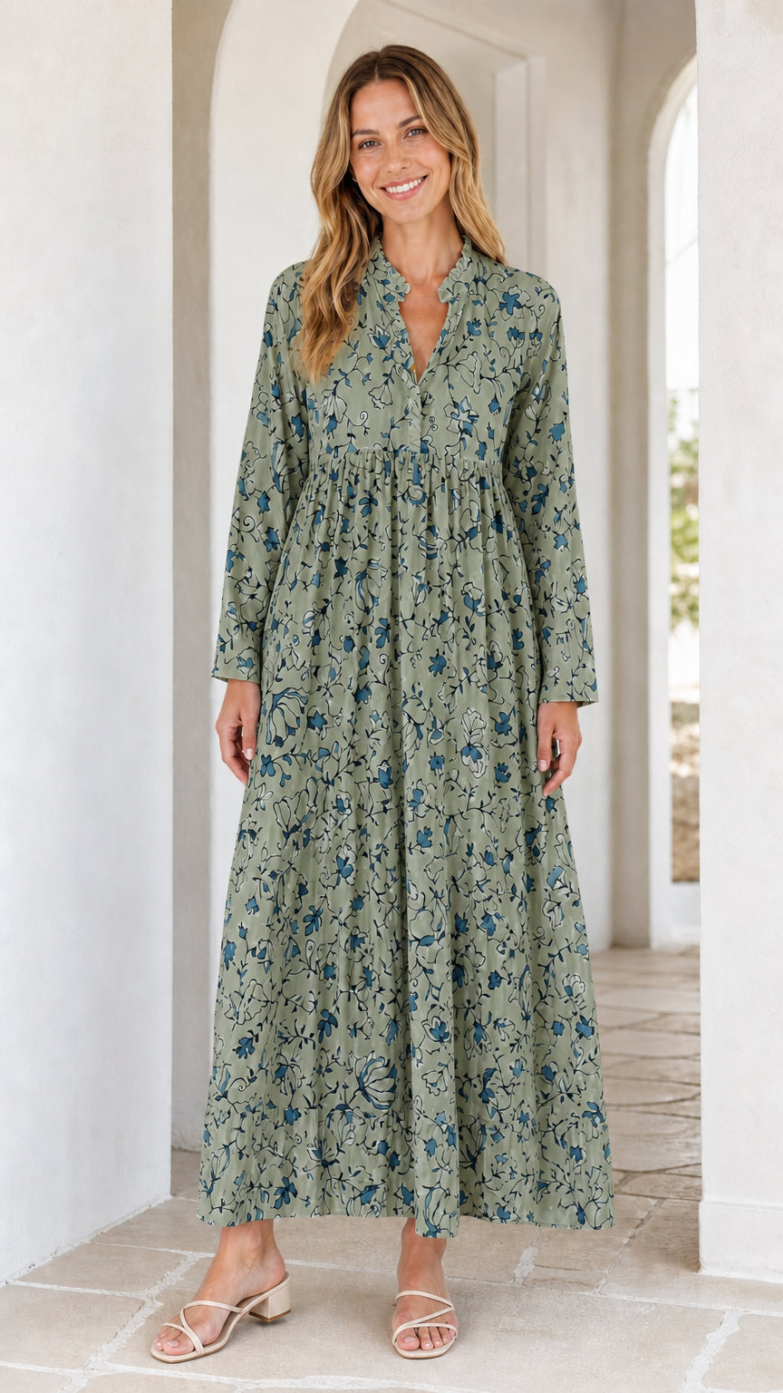 Women's Long Sleeve Floral Print Ruffle Maxi Dress