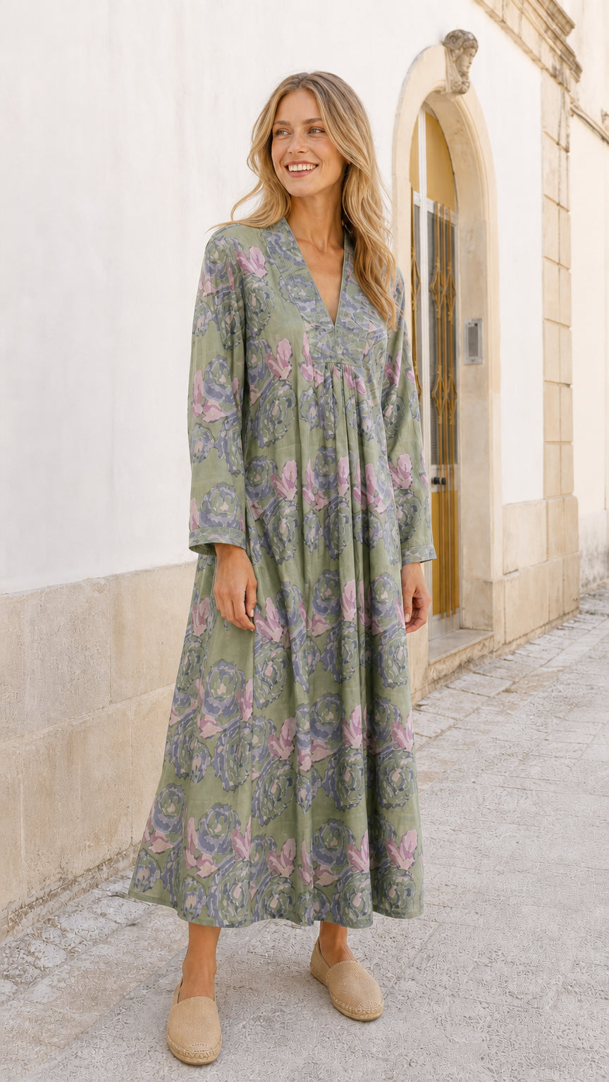 Women's Floral Print V-Neck Long Sleeve Maxi Dress