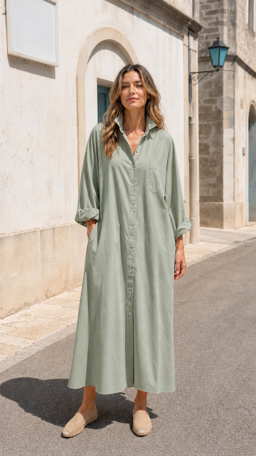 Women's Casual Long Sleeve Button-Down Maxi Shirt Dress