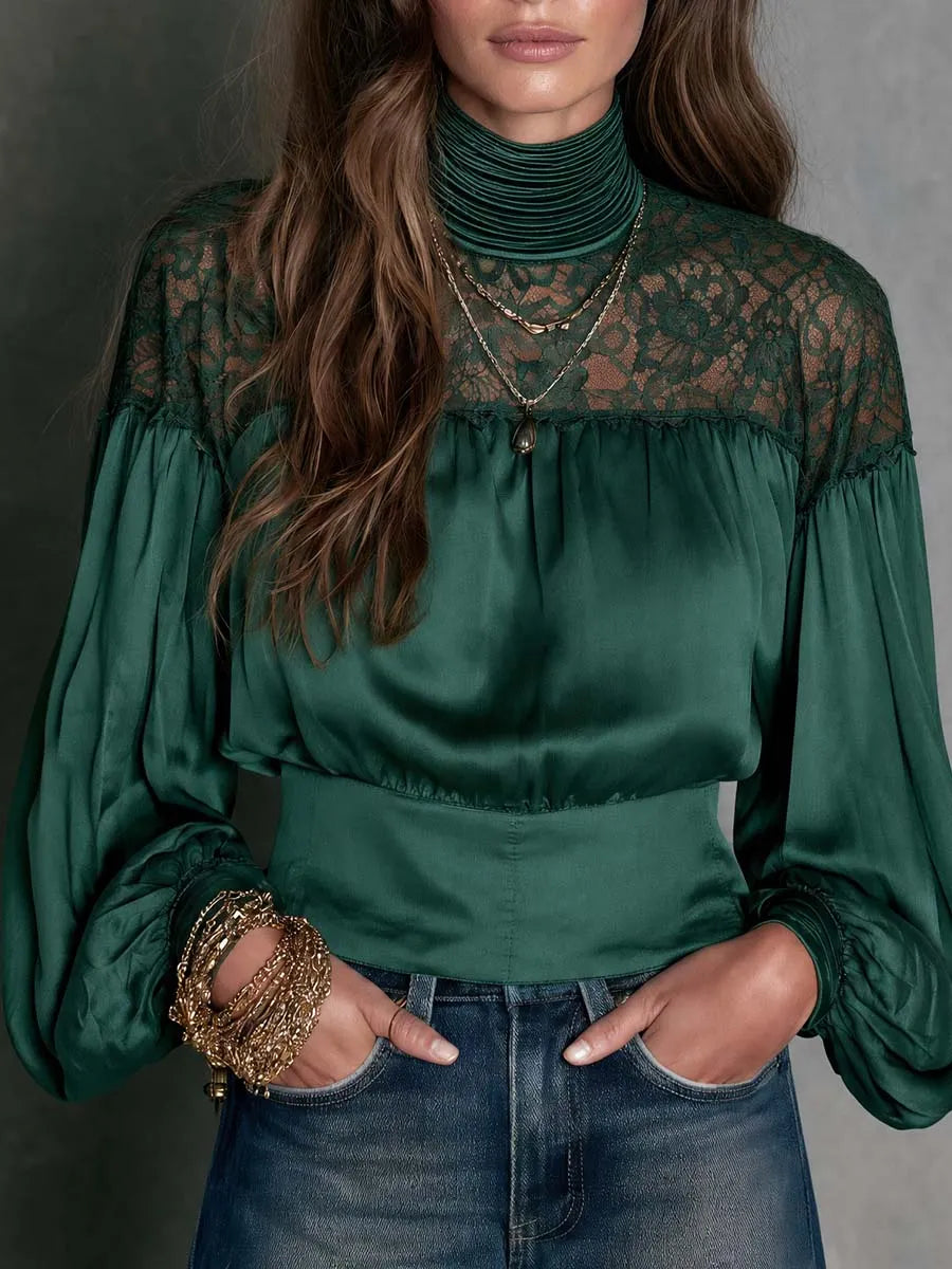 Boho Chic Emerald Satin Sheer Lace Shoulder Long Sleeve Peplum Blouse