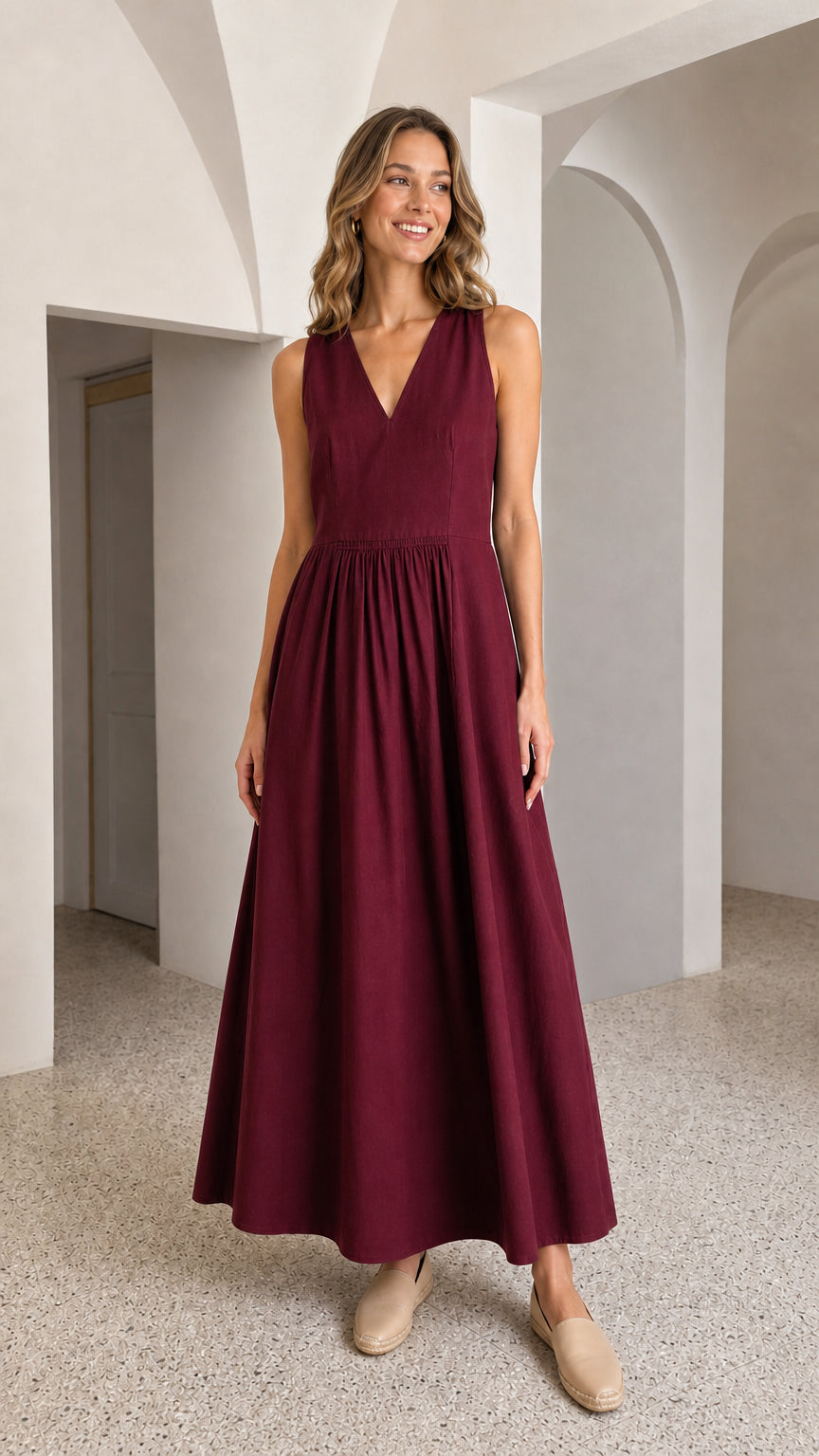 Women's V-Neck Sleeveless Pleated Maxi Dress