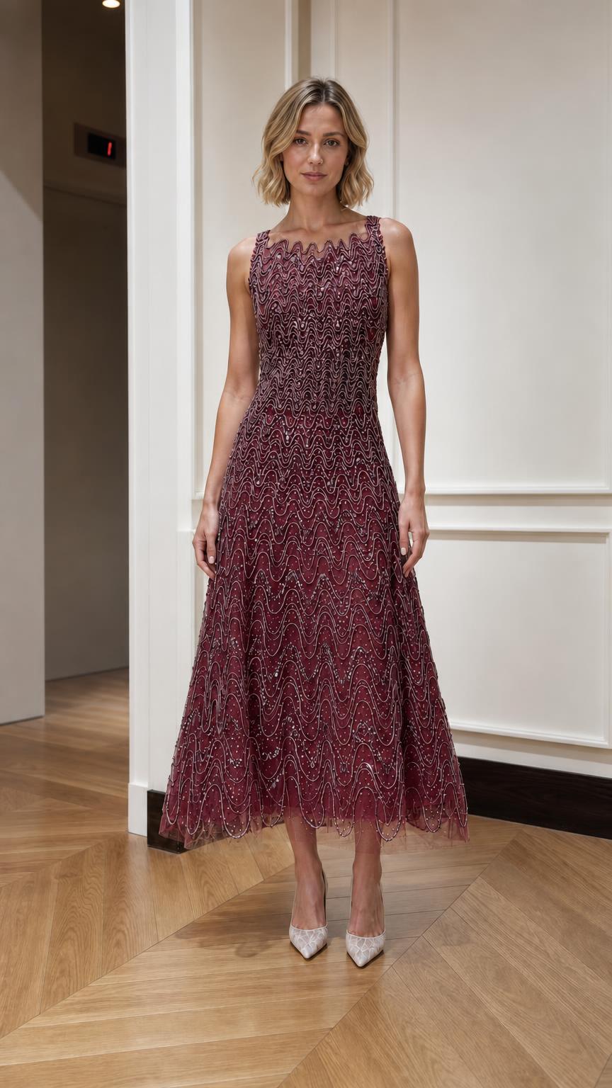 Sequin Beaded Sleeveless A-Line Midi Dress