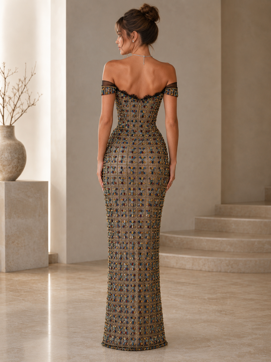 Off-Shoulder Embellished Mermaid Maxi Dress