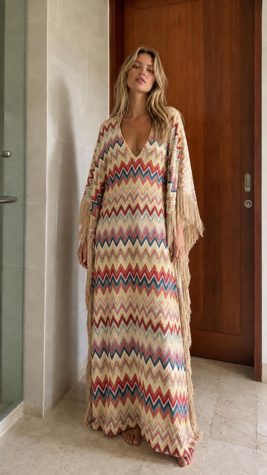 Bohemian Chevron Fringe Maxi Kaftan Dress