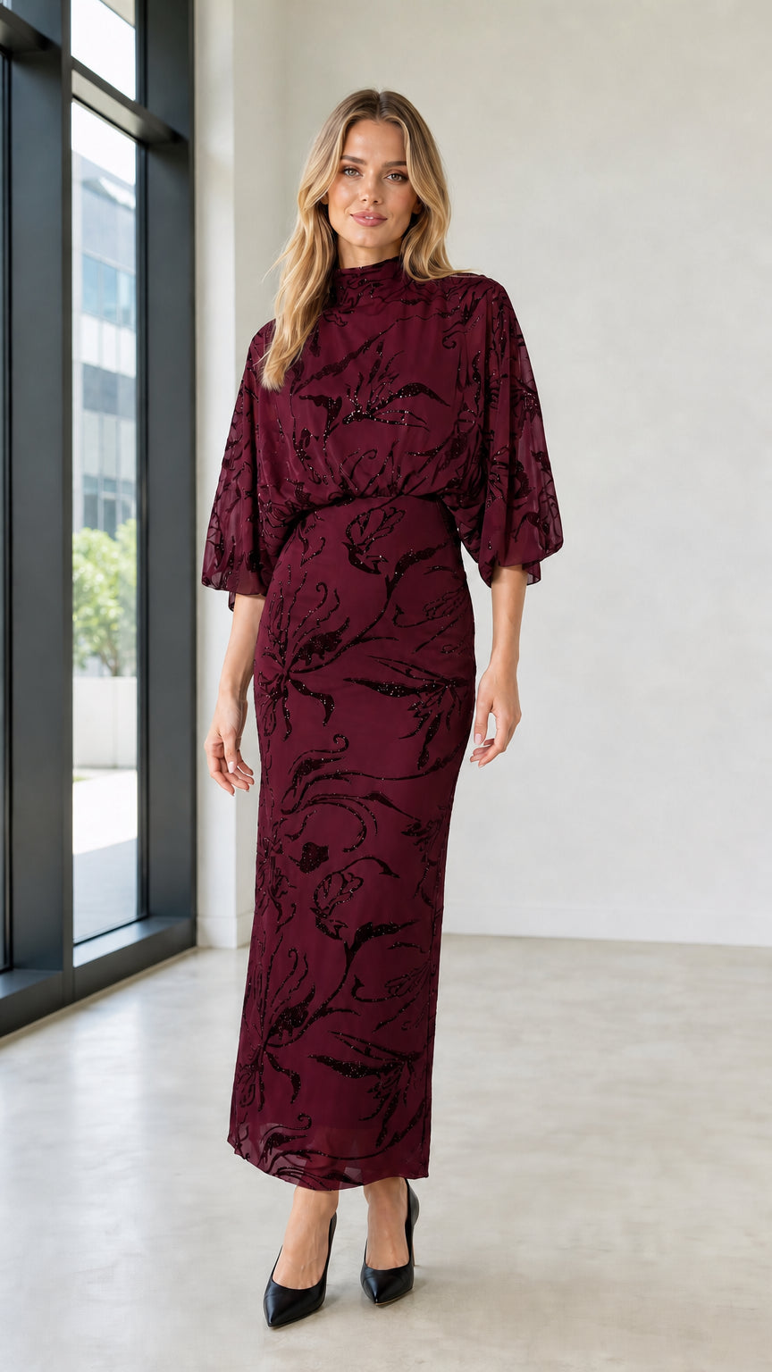 Elegant Mock Neck Sequin Floral Maxi Dress