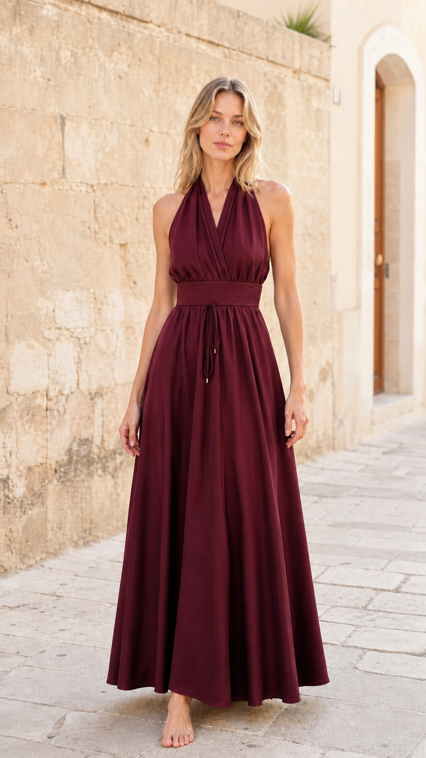 Womens Elegant Halter Neck Backless Maxi Dress with Drawstring Waist