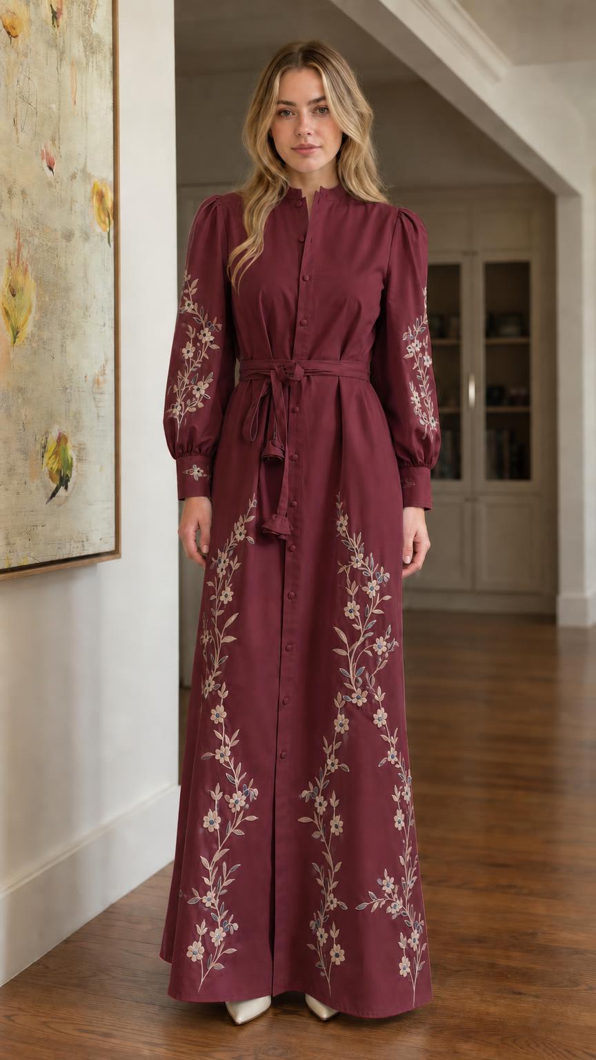 Elegant Floral Embroidered Maxi Shirt Dress with Self-Tie Belt