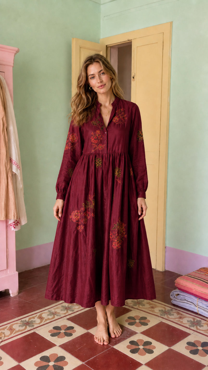 Women's Long-Sleeve Embroidered Midi Dress with Button Front
