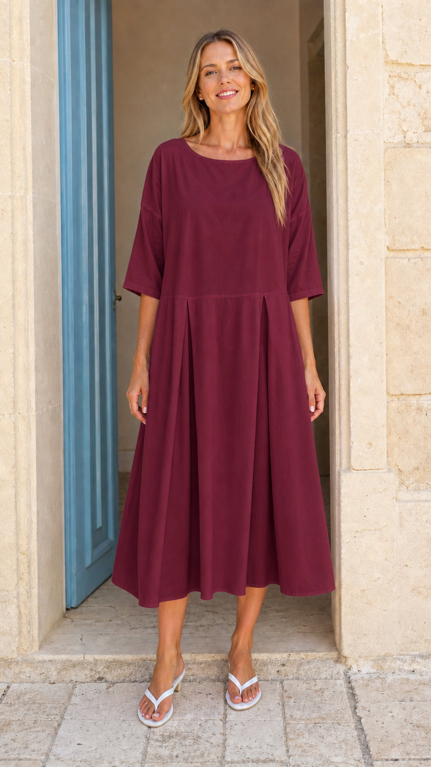 Women's Casual Pleated Midi Dress with Half Sleeves