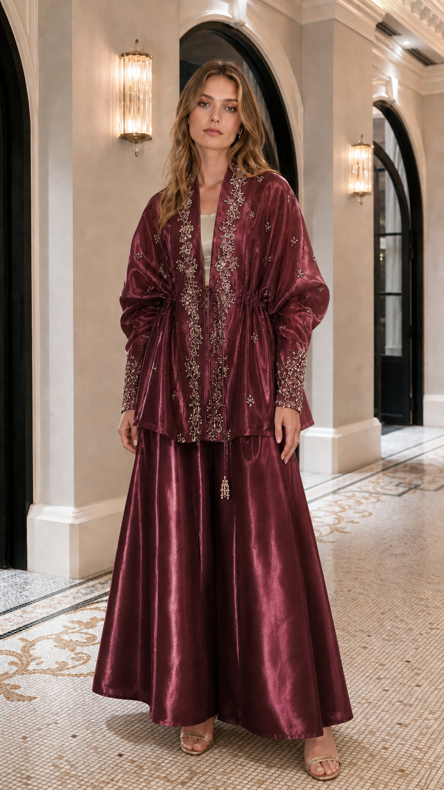 Embroidered Metallic Sheer Overcoat and Wide-Leg Pants Set