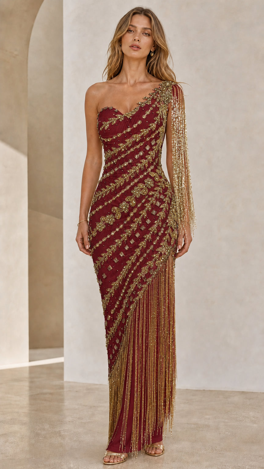 One-Shoulder Beaded Fringe Evening Gown