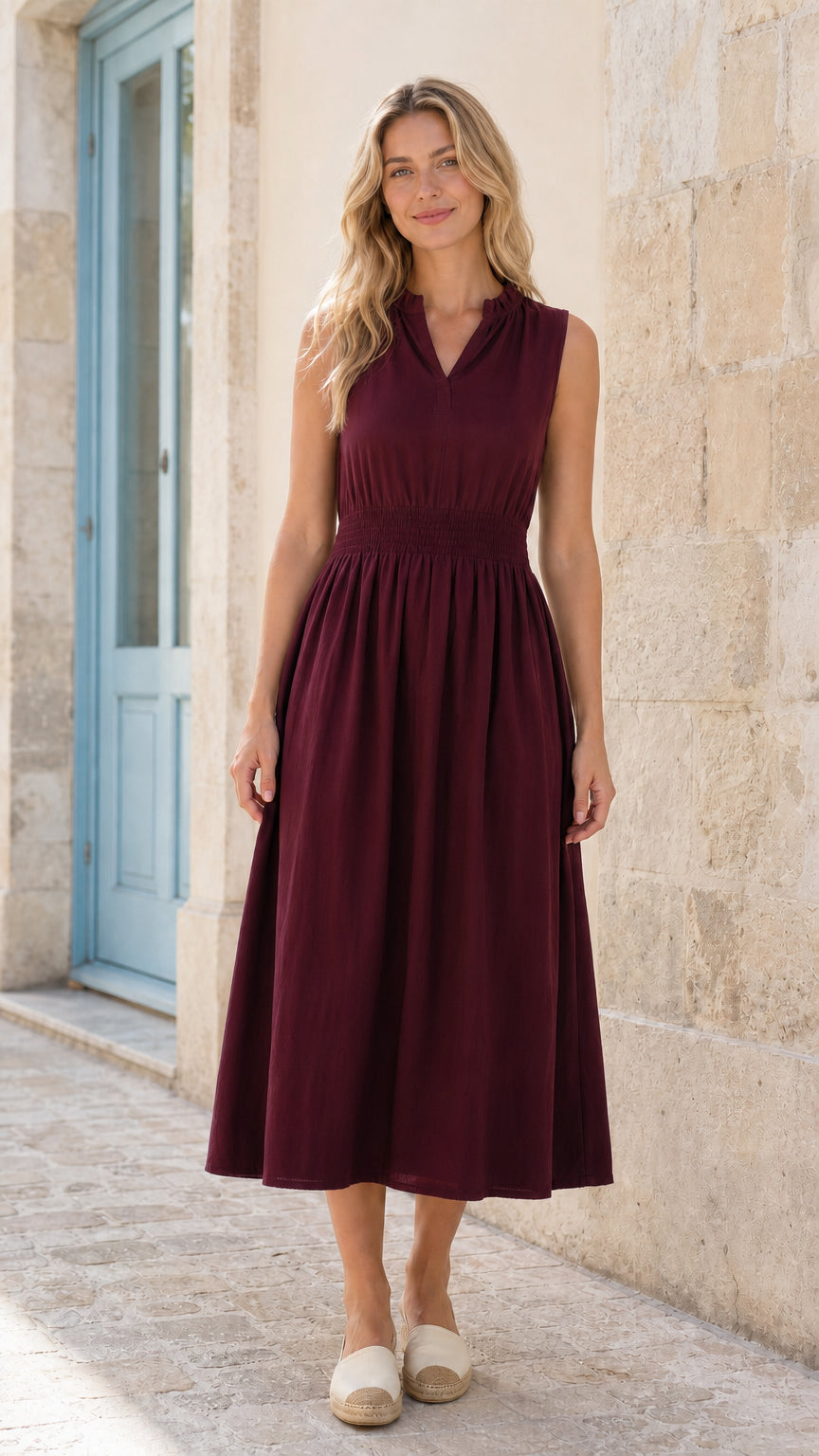 Women's Sleeveless Ruffle Neck Smocked Waist Midi Dress