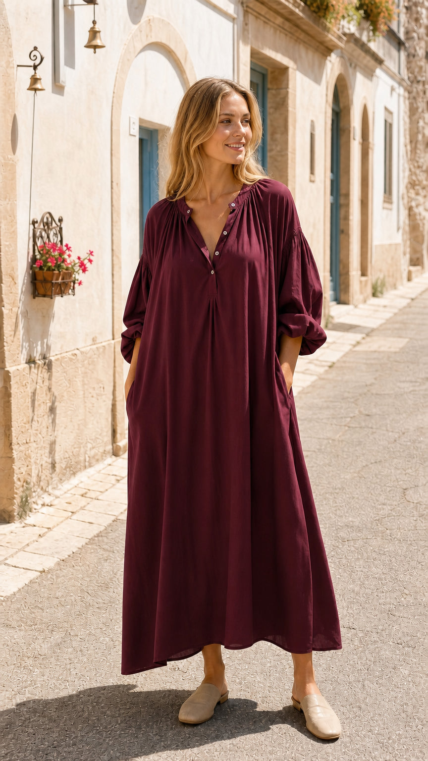 Women's Long-Sleeve Button-Front Relaxed Maxi Dress with Pockets