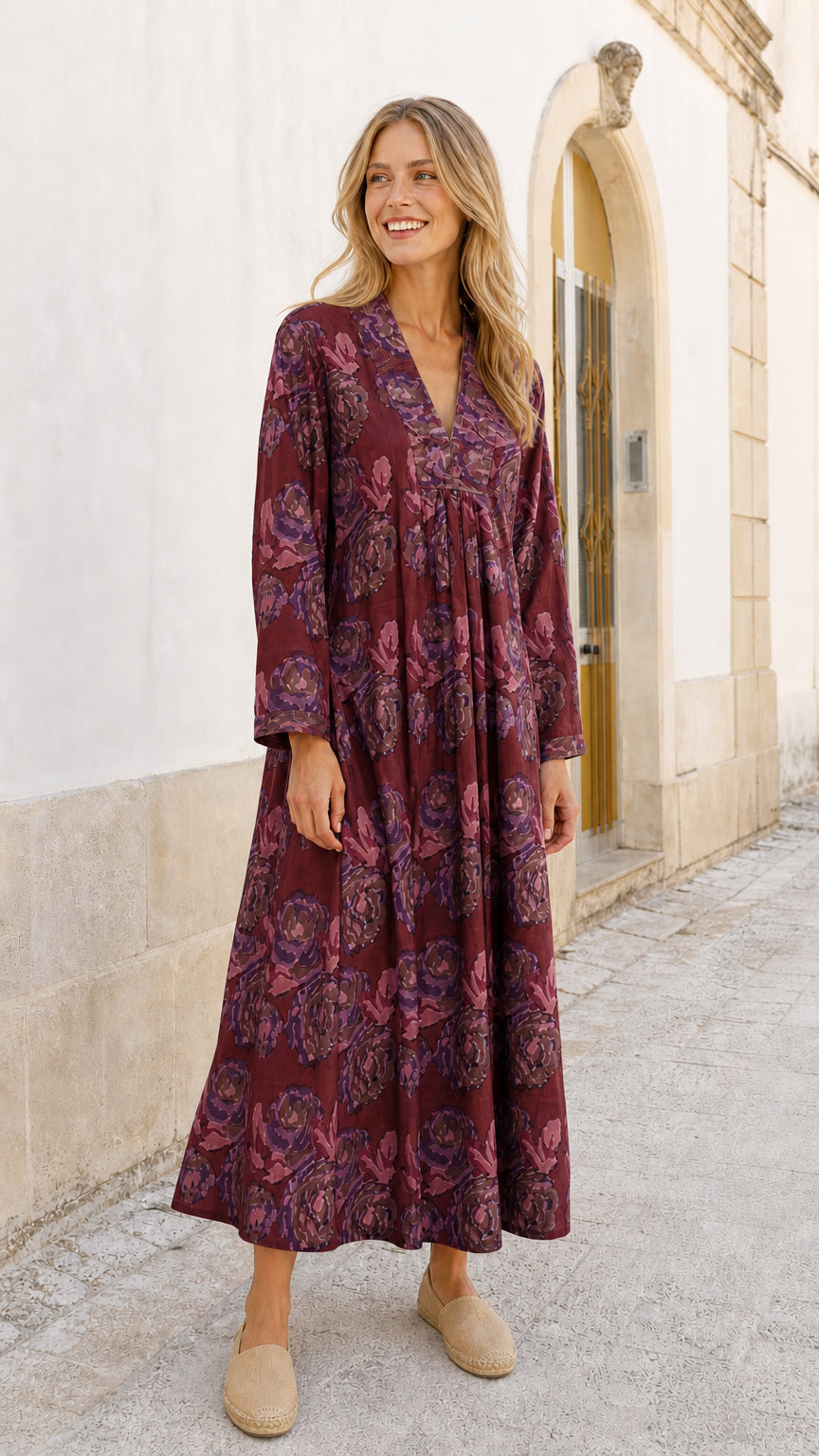 Women's Floral Print V-Neck Long Sleeve Maxi Dress