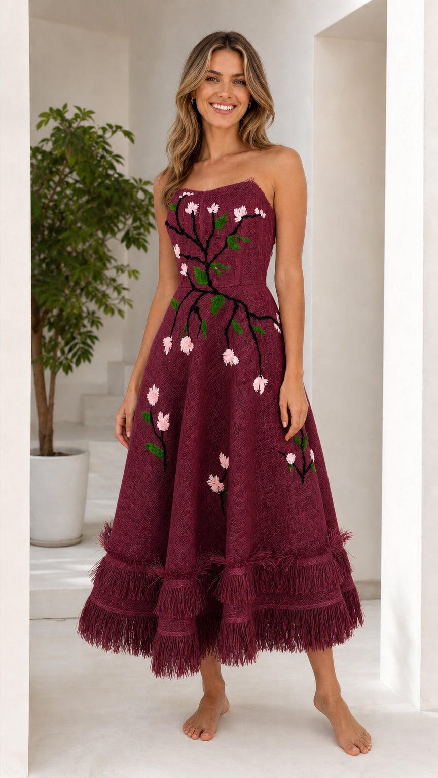 Stunning Embroidered Floral Strapless Midi Dress
