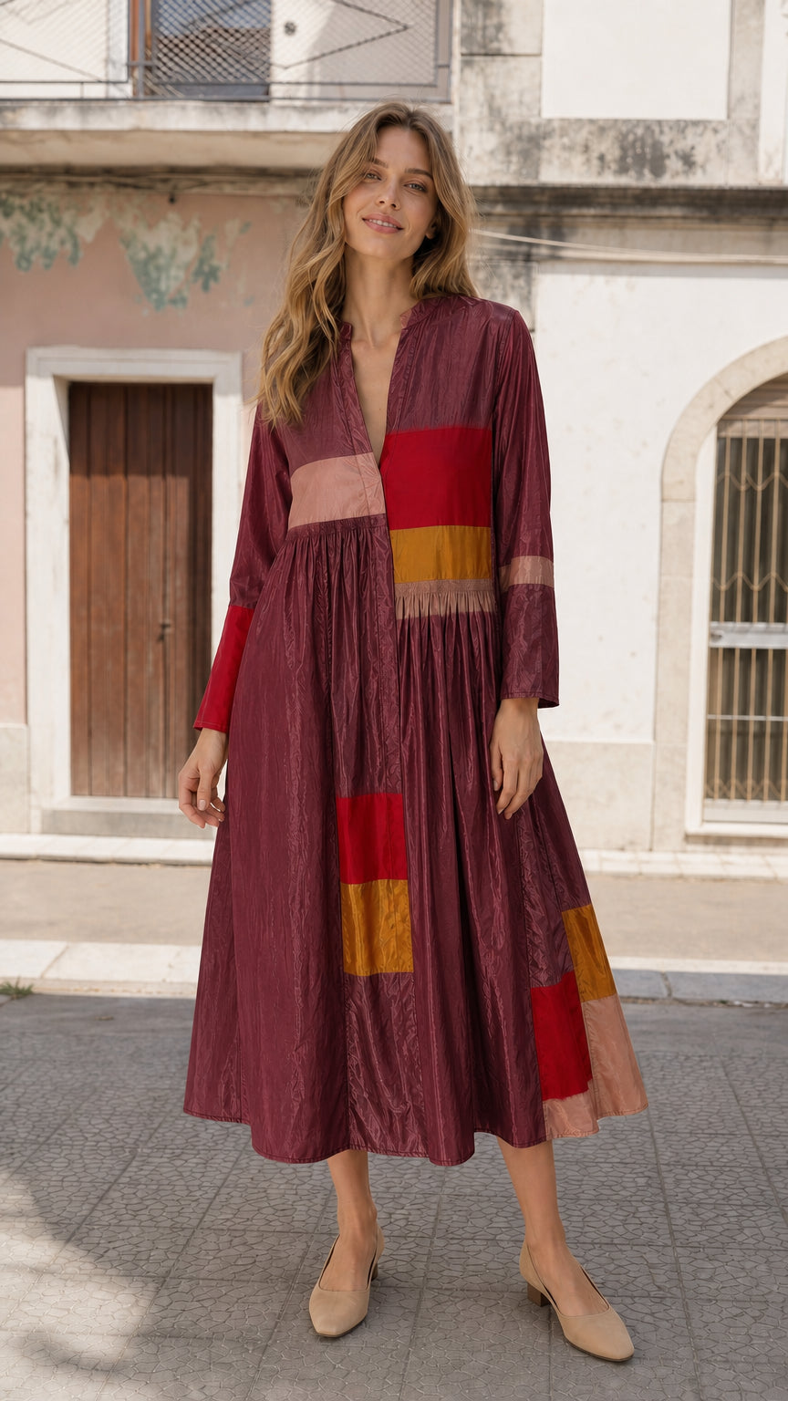 Boho Colorblock Long Sleeve Midi Dress