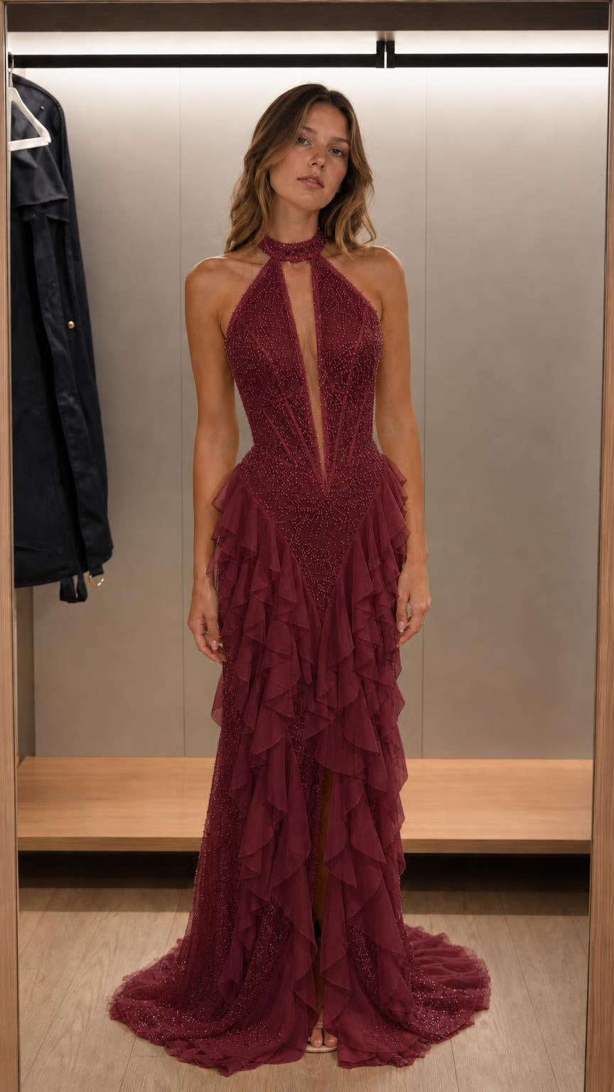 Elegance Halter Neck Beaded Ruffle Maxi Dress
