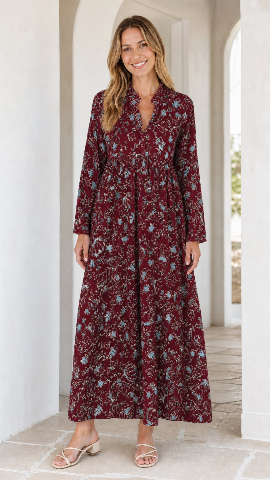 Women's Long Sleeve Floral Print Ruffle Maxi Dress