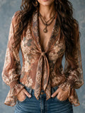 Boho Brown Floral Print Tie Knot Chiffon Blouse With Flared Sleeve