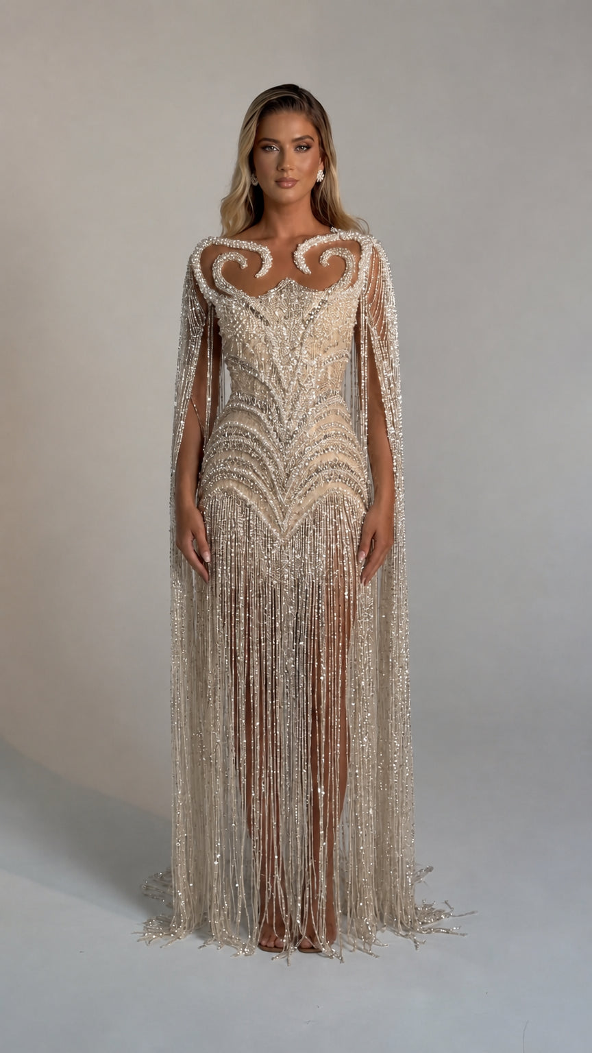 Luminous Beaded Fringe Cape Evening Gown
