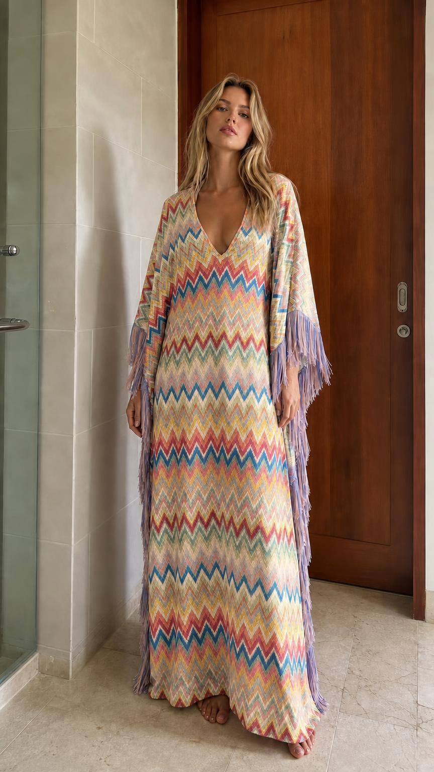 Bohemian Chevron Fringe Maxi Kaftan Dress