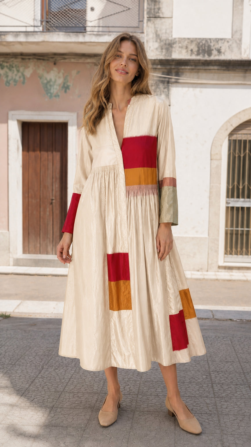 Boho Colorblock Long Sleeve Midi Dress