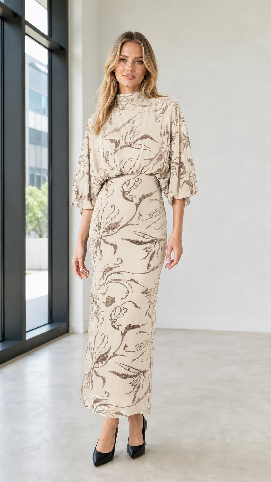 Elegant Mock Neck Sequin Floral Maxi Dress