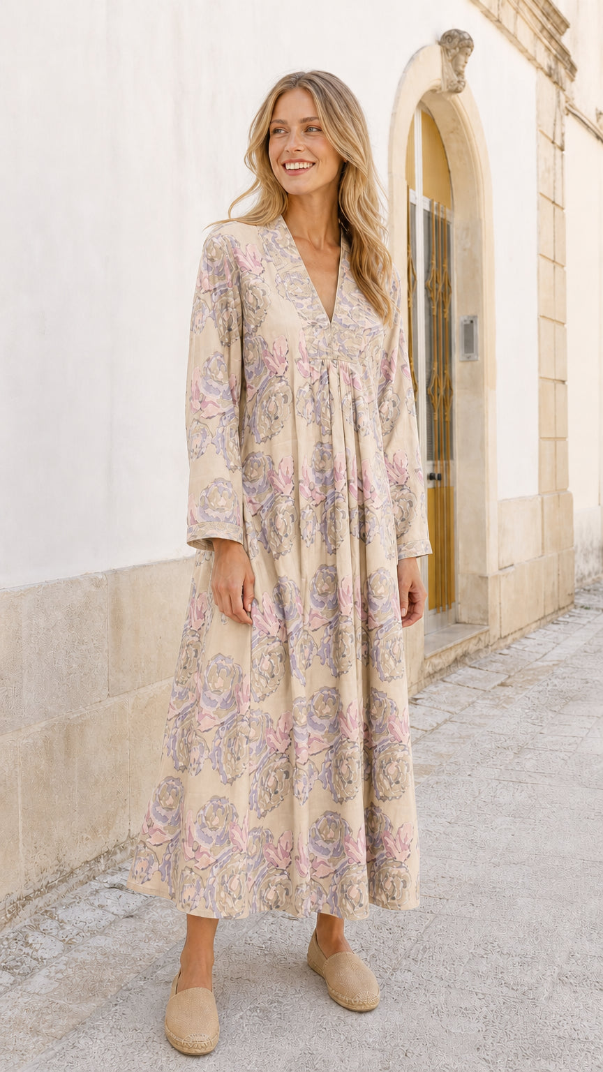 Women's Floral Print V-Neck Long Sleeve Maxi Dress
