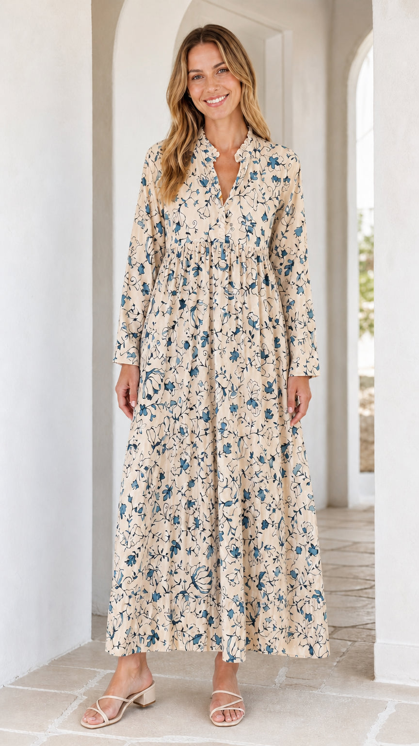 Women's Long Sleeve Floral Print Ruffle Maxi Dress