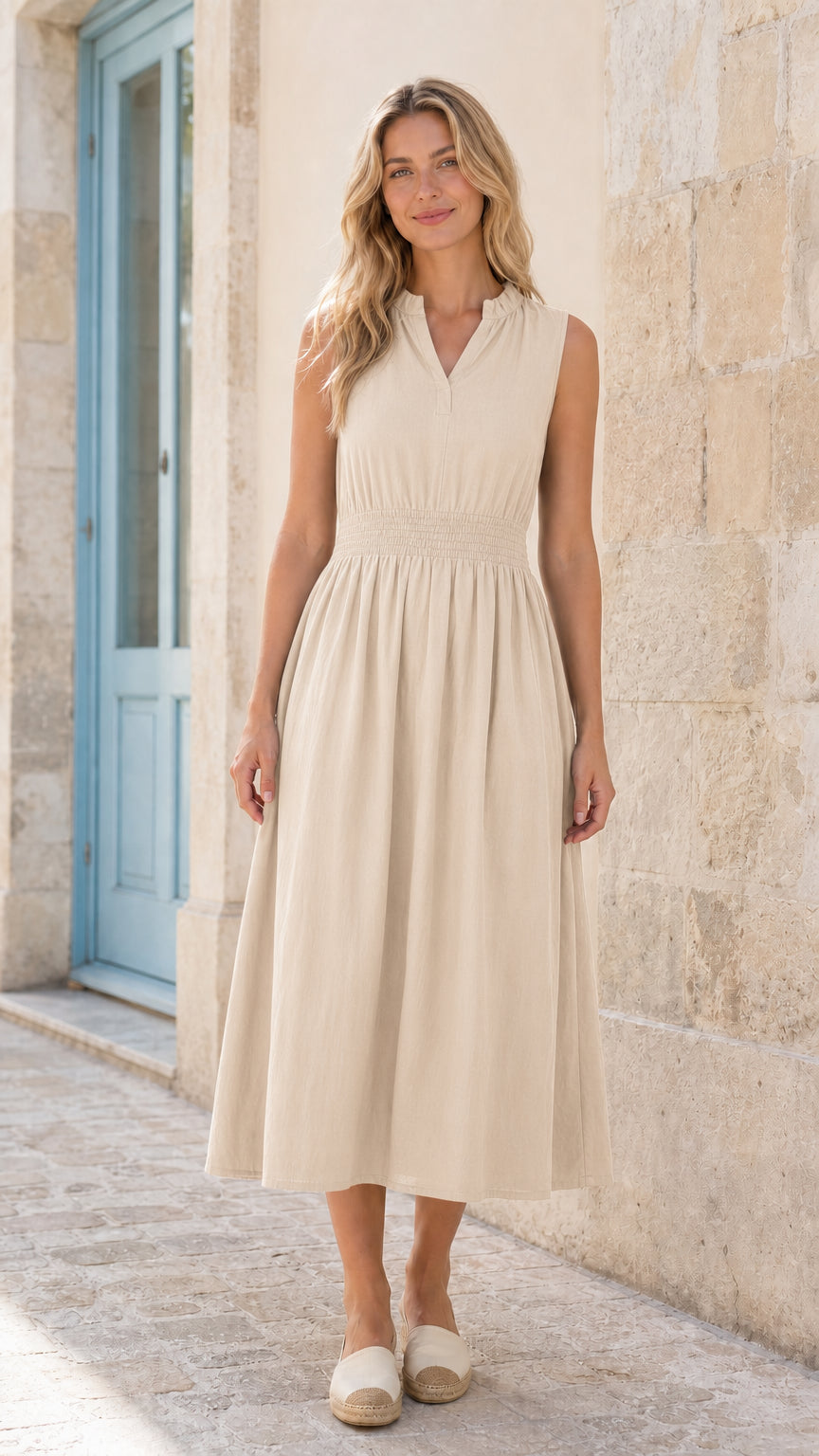 Women's Sleeveless Ruffle Neck Smocked Waist Midi Dress