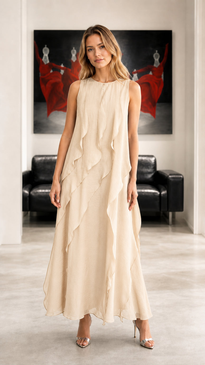 Sleeveless Ruffled Chiffon Maxi Dress