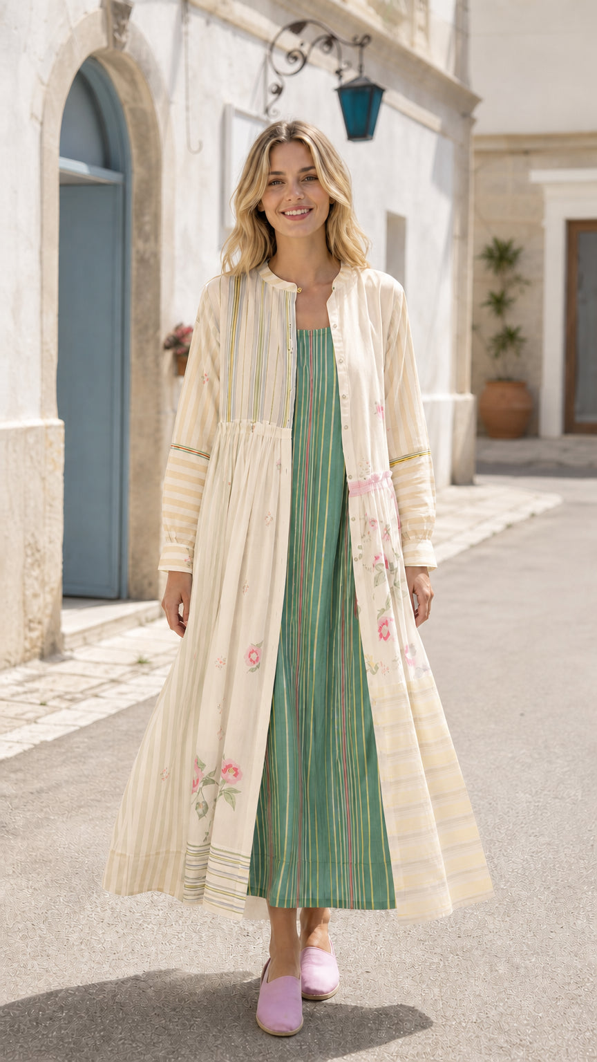 Women's Patchwork Stripe & Floral Long Sleeve Maxi Cardigan Dress Set