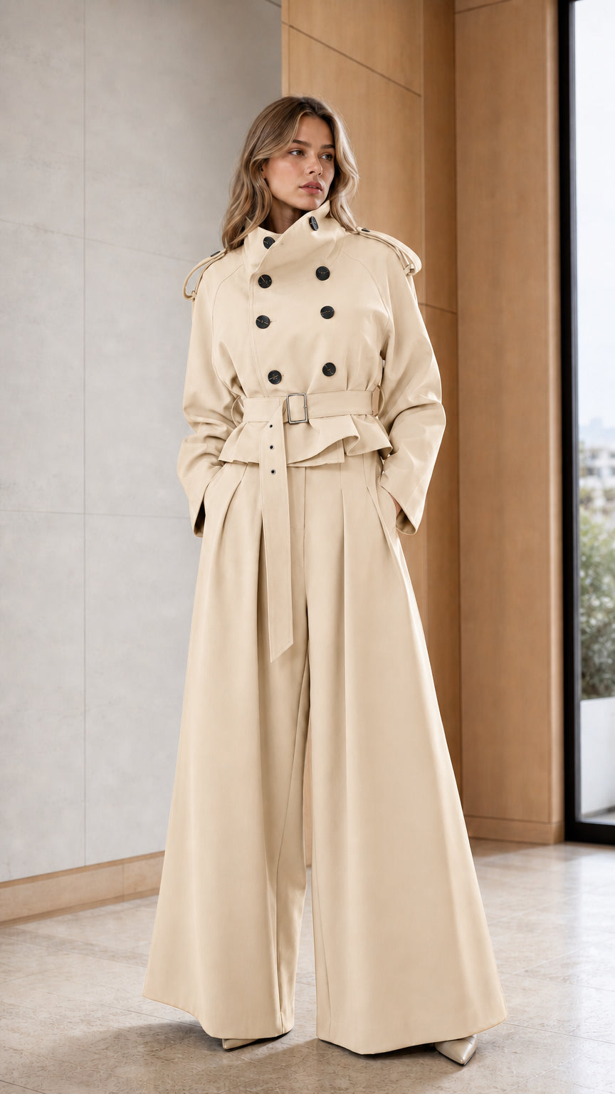 Women's Double-Breasted Trench Jacket and High-Waist Wide-Leg Pants Set