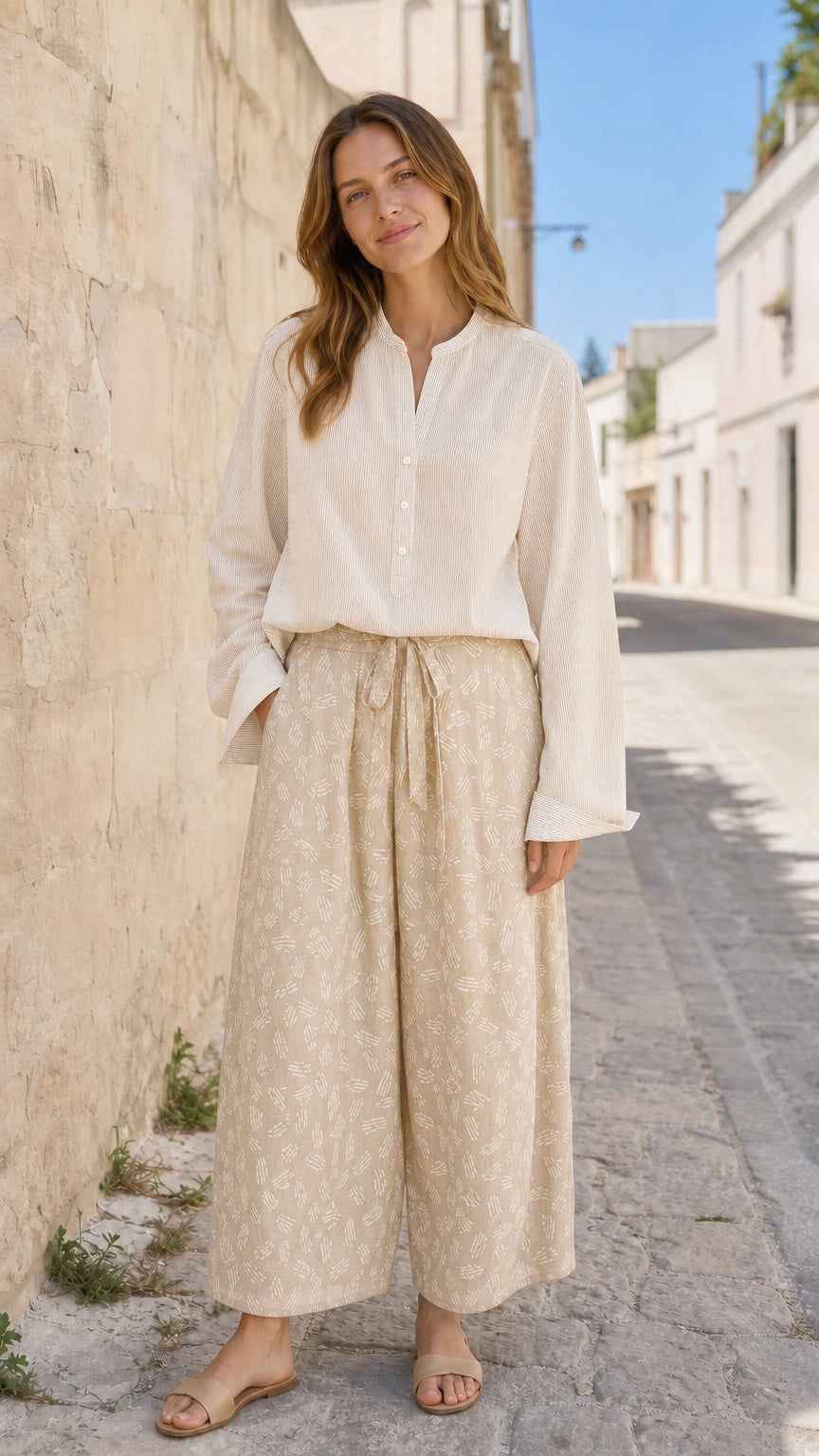 Women's Casual Two-Piece Long Sleeve Blouse and Printed Wide-Leg Pants Set