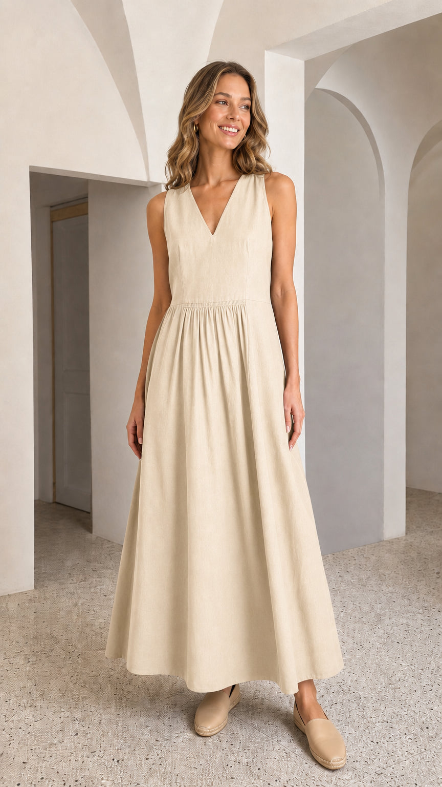 Women's V-Neck Sleeveless Pleated Maxi Dress