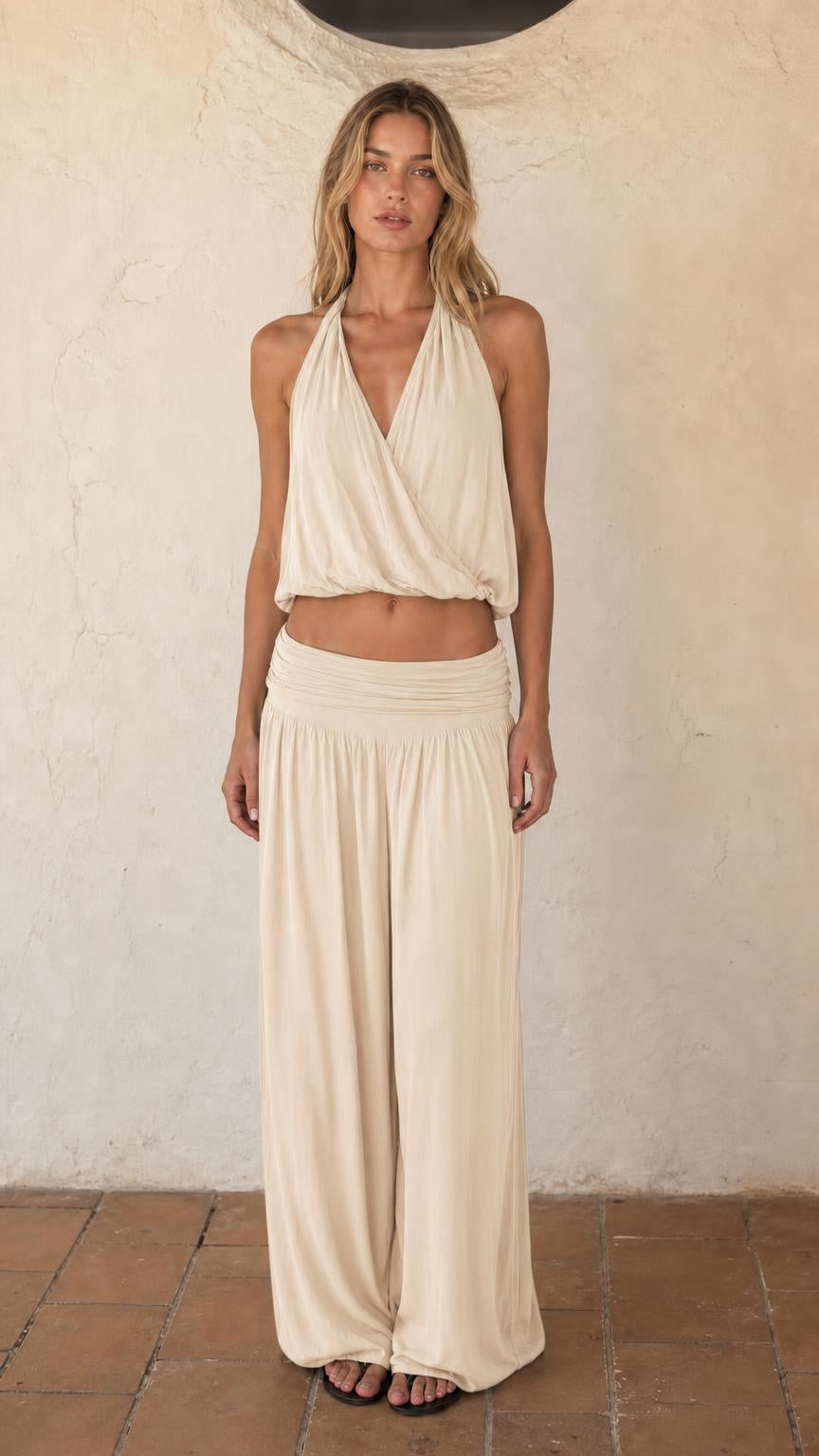 Women's Halter Crop Top and Wide Leg Pants Two-Piece Set
