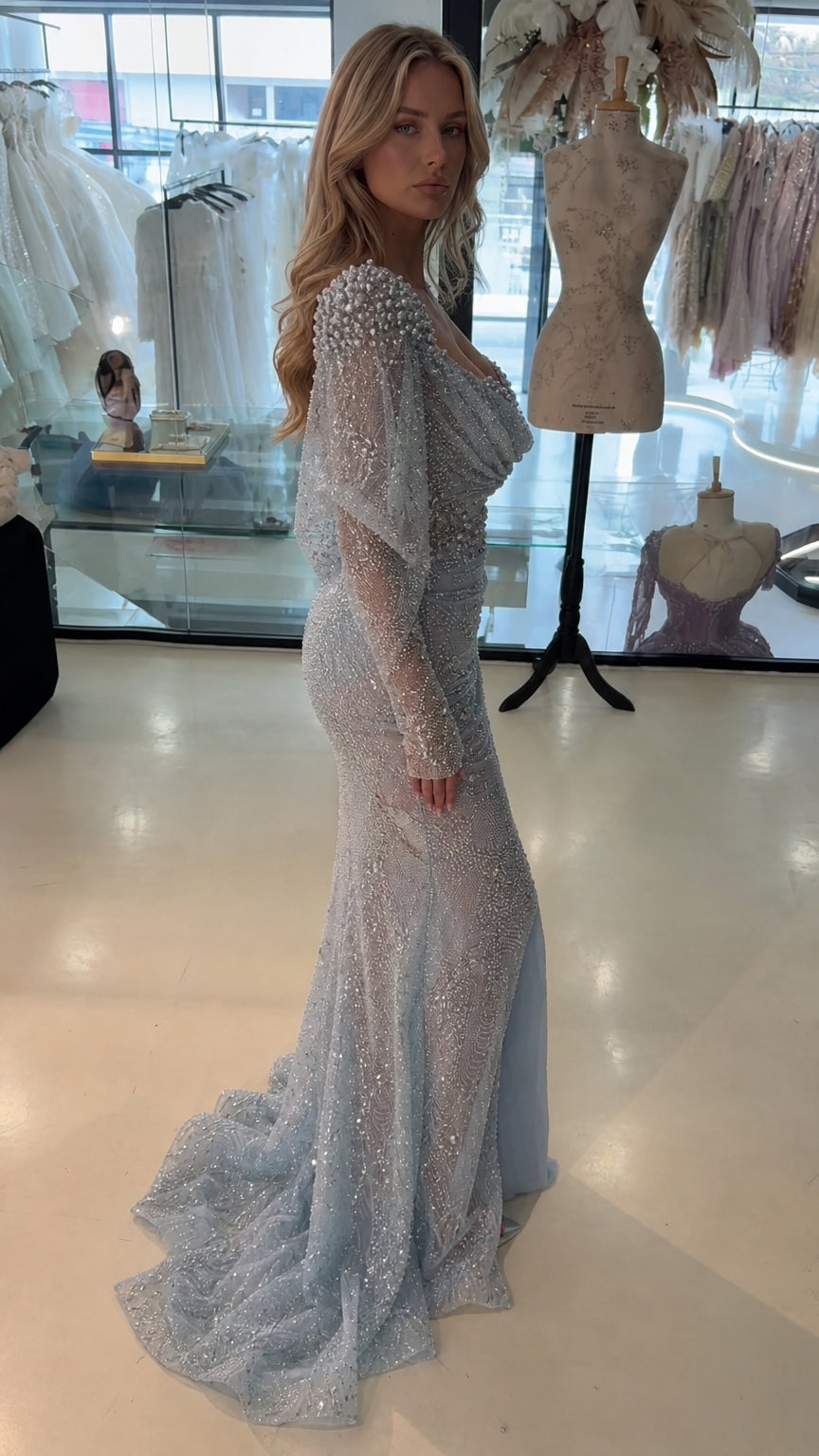 Sparkling Beaded Cowl Neck Long Sleeve Evening Gown with Slit
