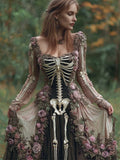 Vintage Skeleton Floral Fiber Art Flowy Linen Maxi Dress