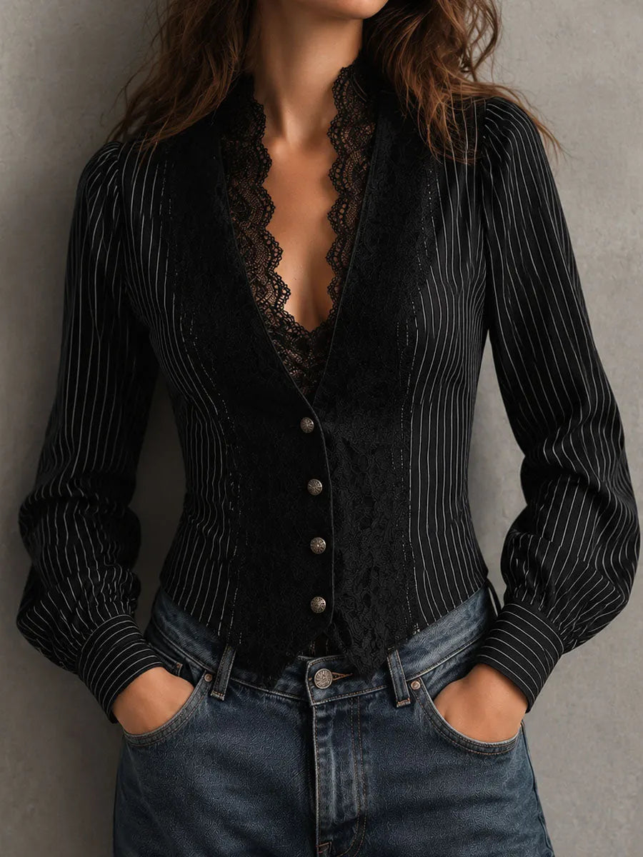 Retro Elegant Black Pinstripe Lace Panel Blouse