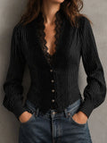Retro Elegant Black Pinstripe Lace Panel Blouse